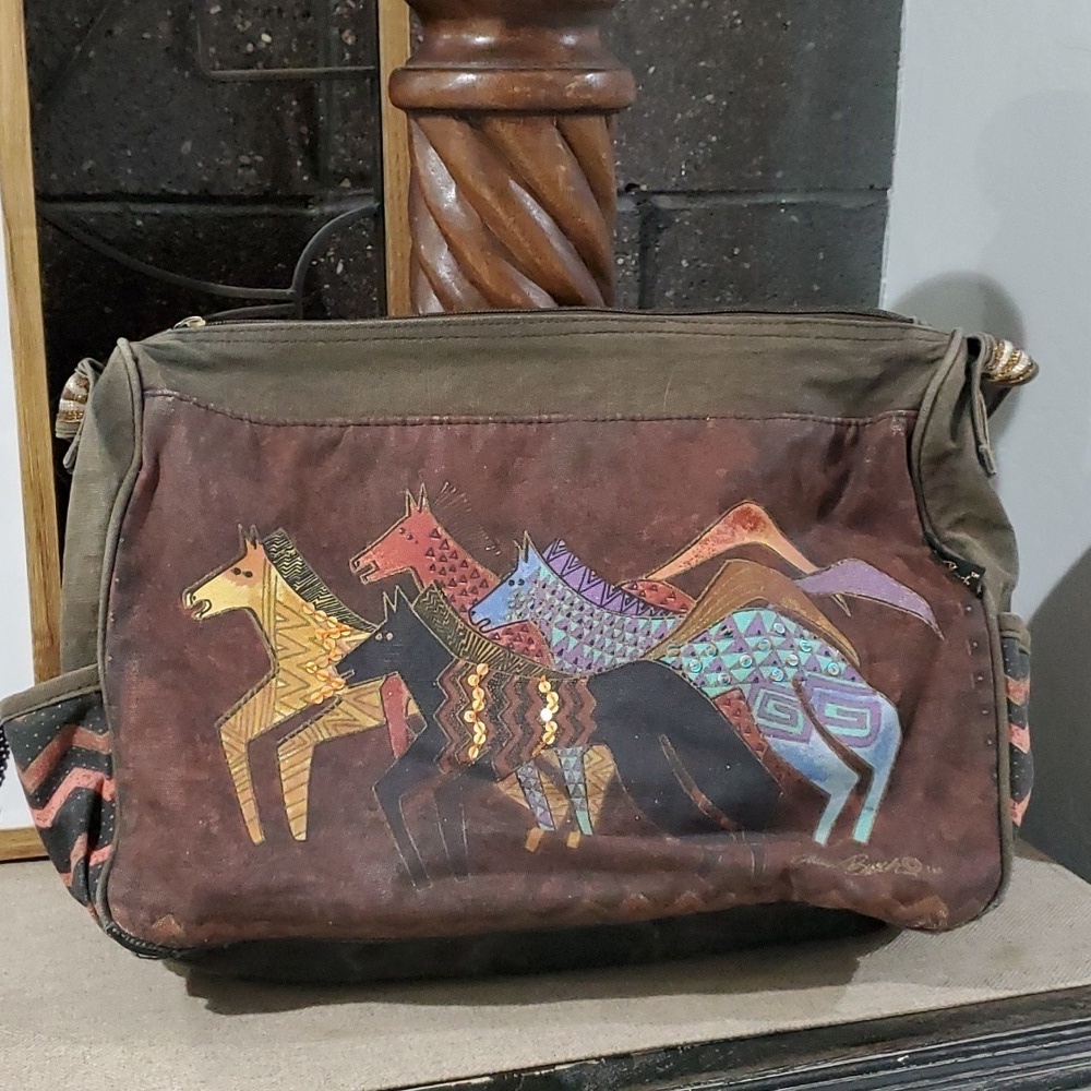 LAUREL BURCH NATIVE HORSES RUNNING WILD COLORFUL BAG SEQUINS CANVAS FOLK ART
